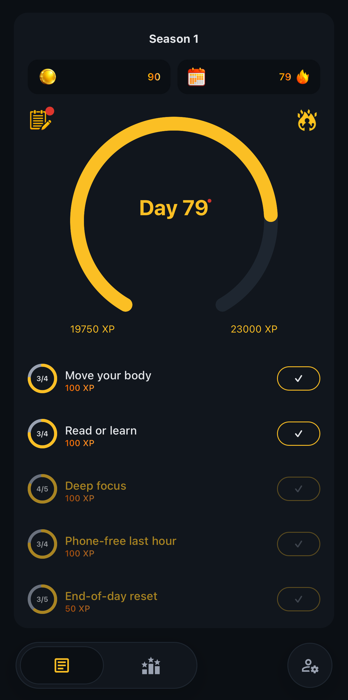 Season dashboard screen