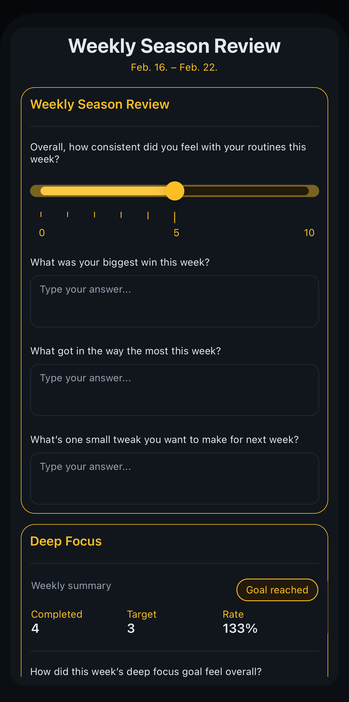 Weekly reset and adjustment screen
